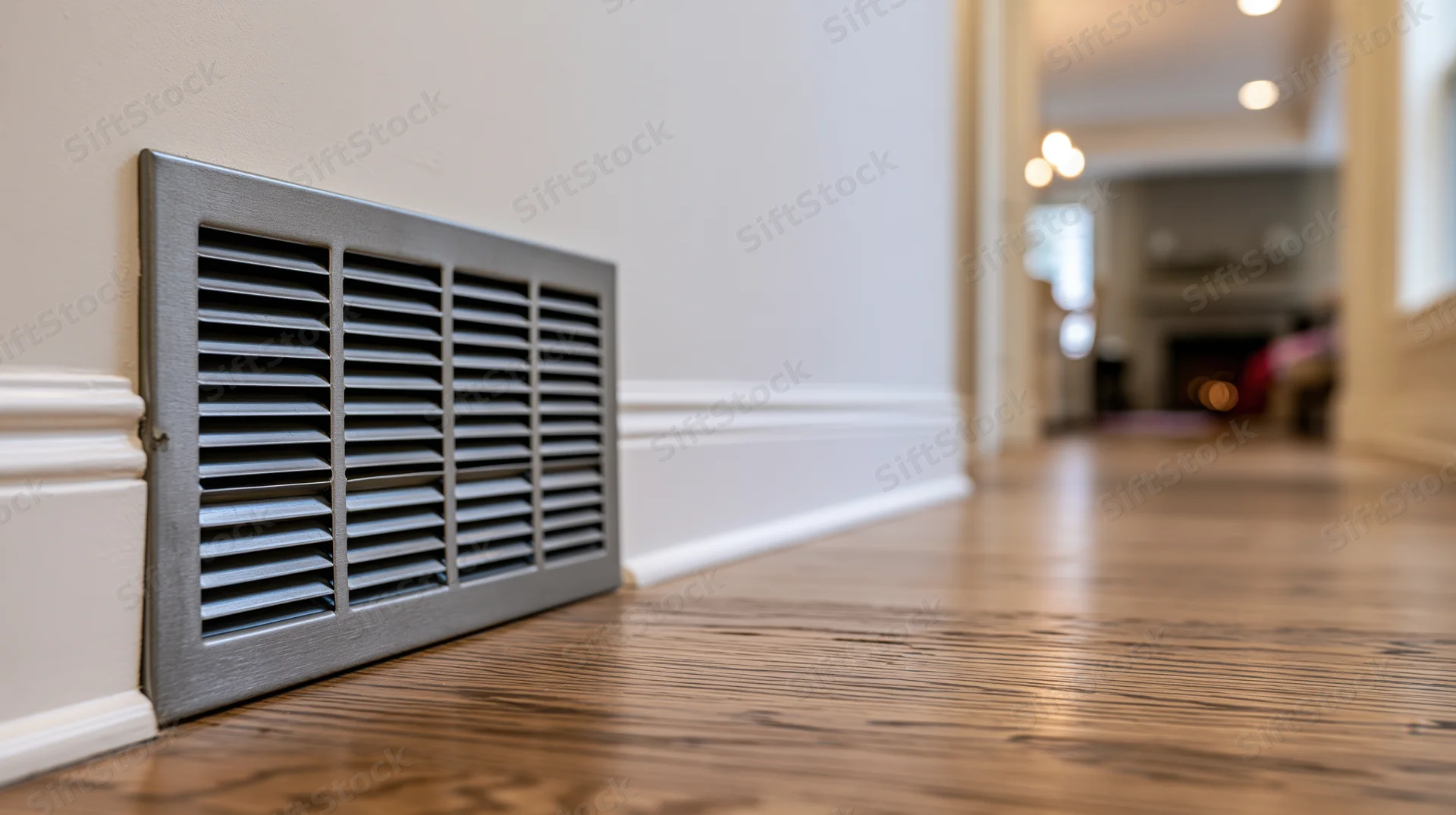 Gray metal hvac vent mounted low on white wall in hallway with hardwood floor and fireplace in background
