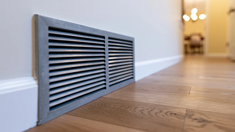 Gray metal hvac vent mounted low on white wall in residential hallway with wooden flooring