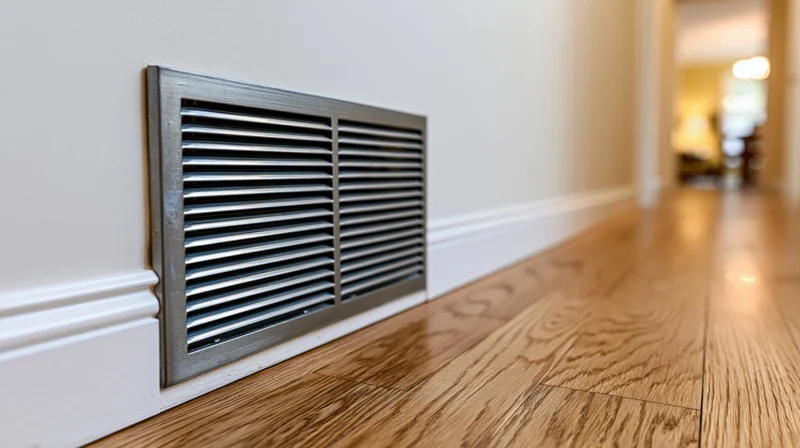 Gray metal hvac vent mounted low on white wall beside hardwood flooring in residential interior