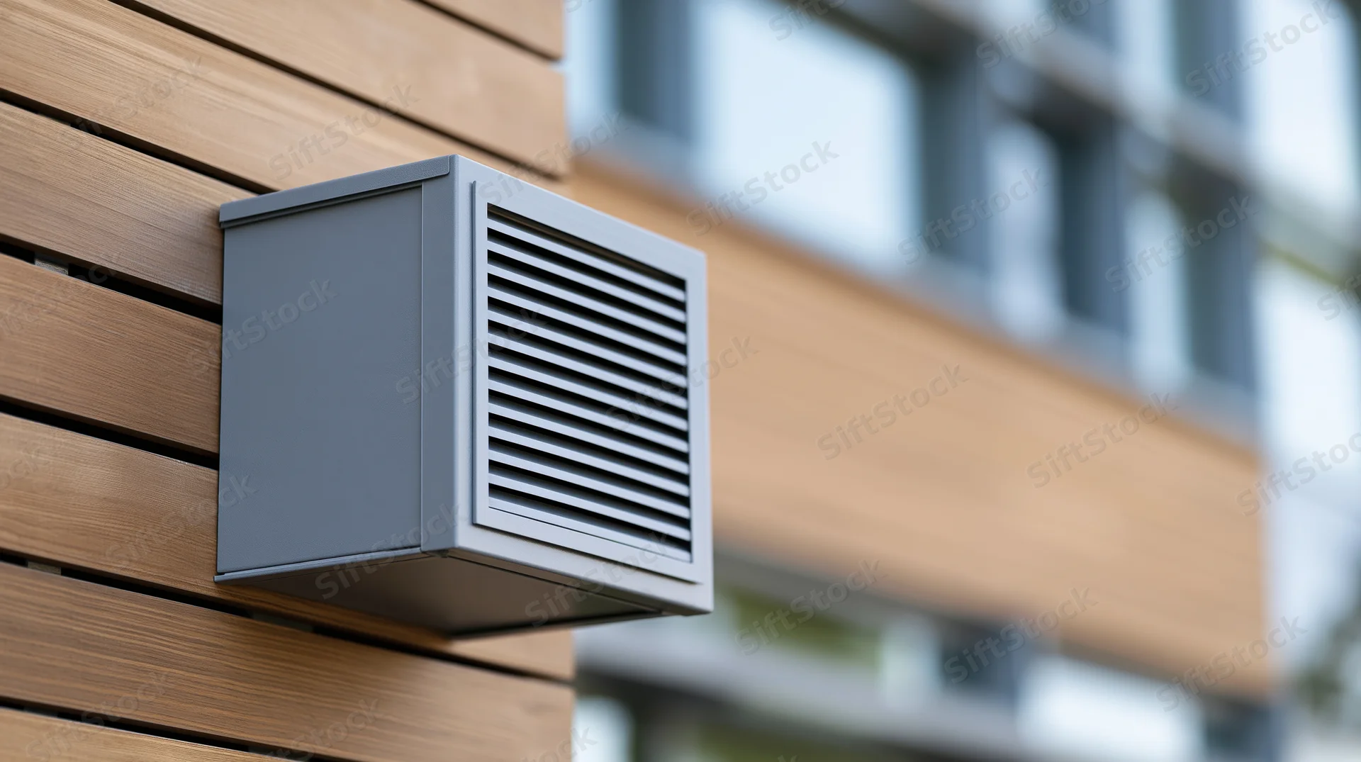 Gray metal ventilation unit mounted on wooden slat exterior wall of modern building
