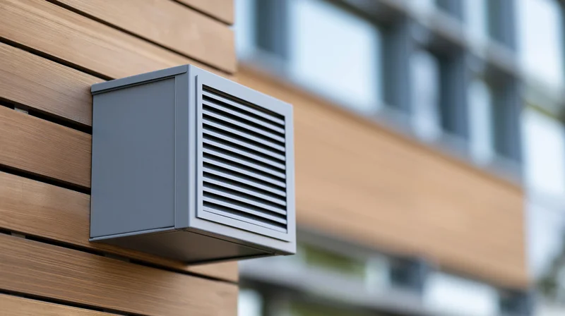 Gray metal ventilation unit mounted on wooden slat exterior wall of modern building