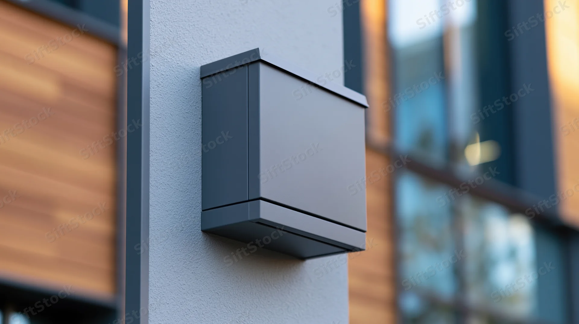 Gray metal ventilation unit mounted flush on exterior wall of modern building