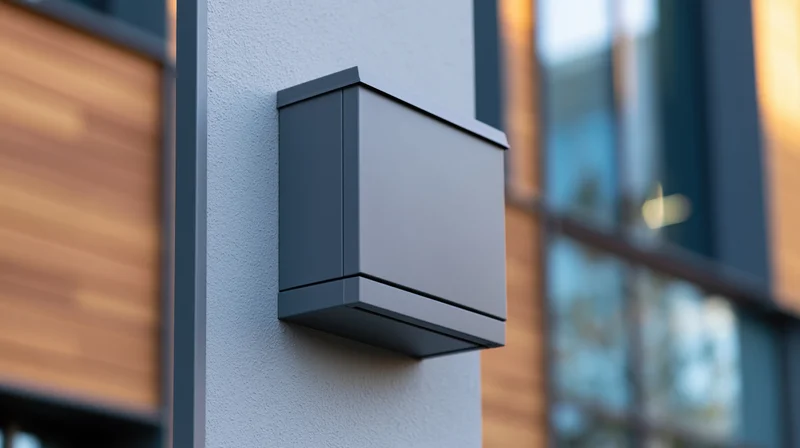 Gray metal ventilation unit mounted flush on exterior wall of modern building