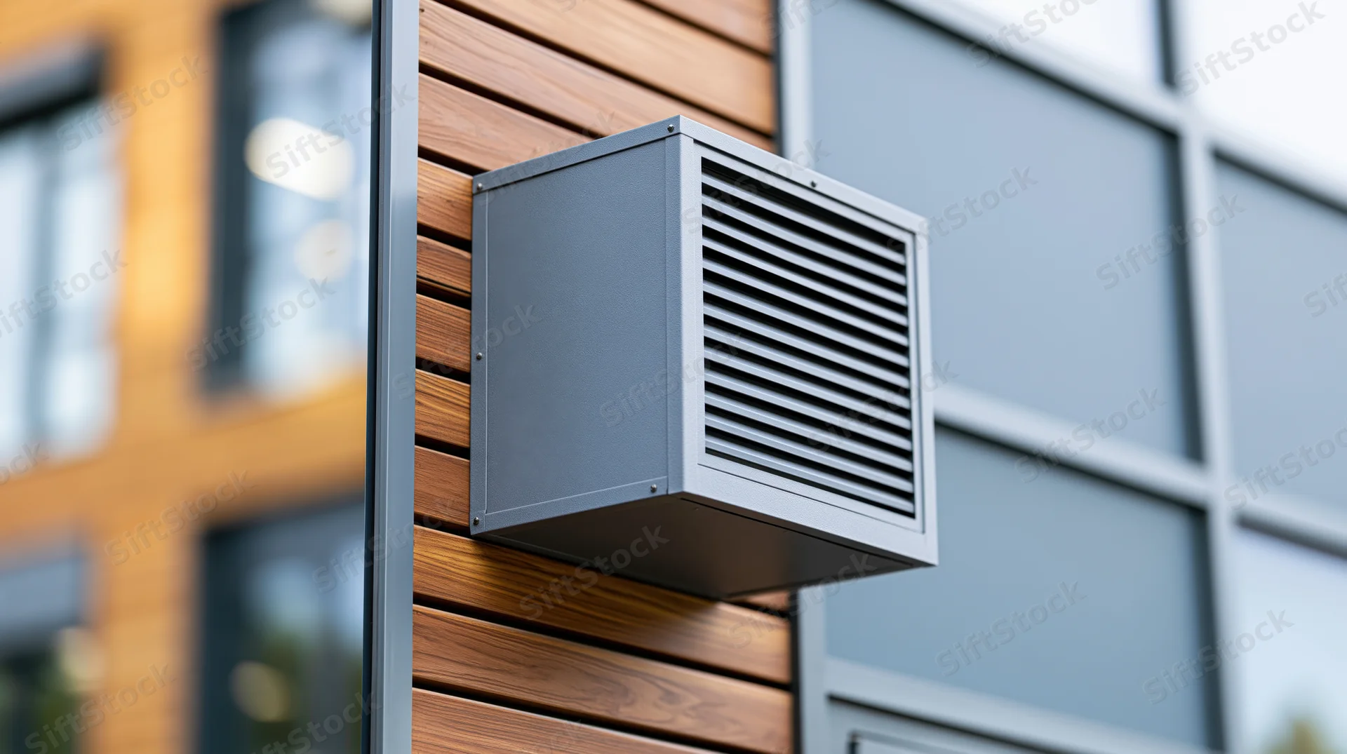 Gray metal ventilation unit mounted on wooden exterior wall of modern building