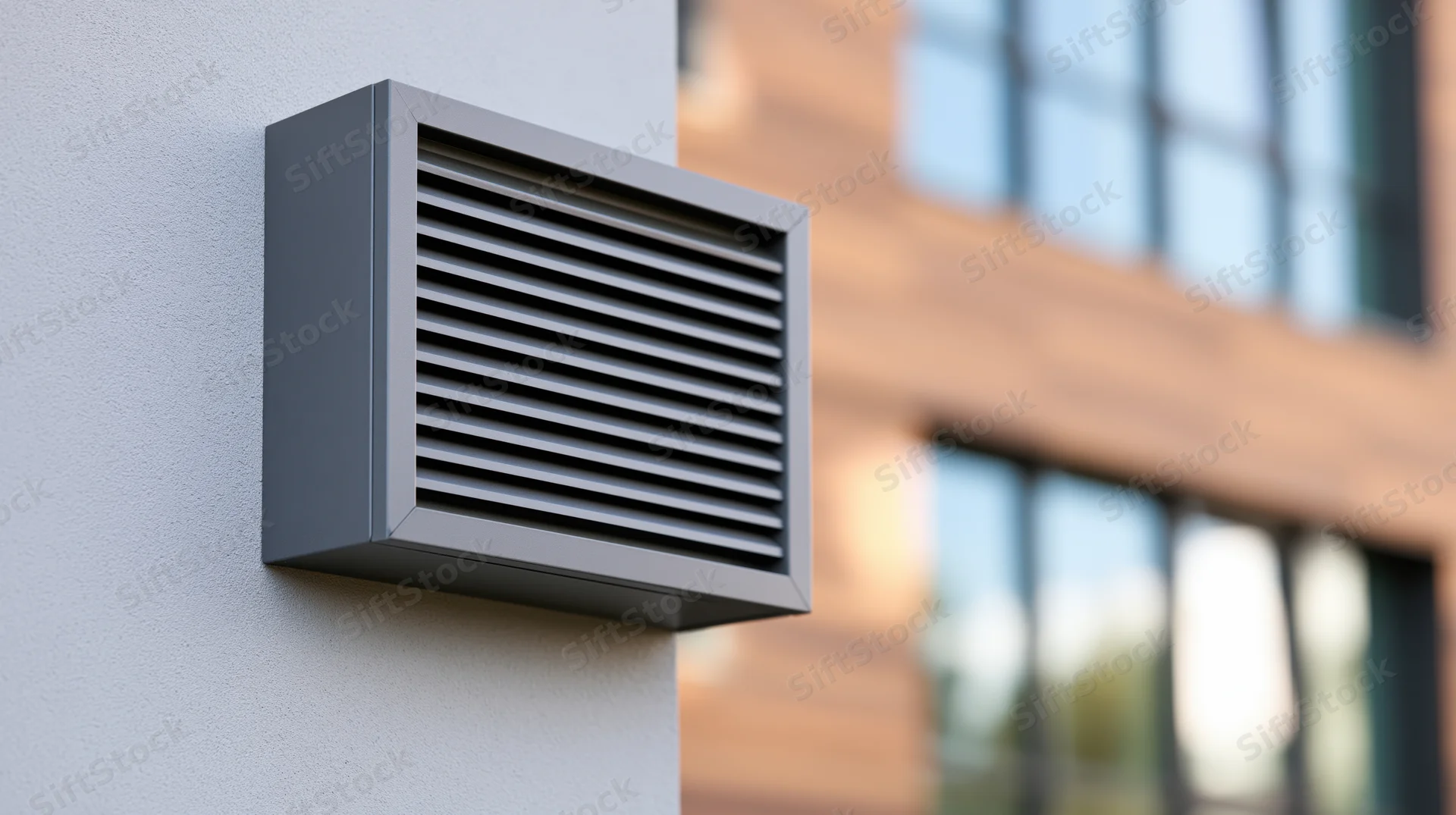 Gray metal ventilation unit mounted on exterior wall of modern building