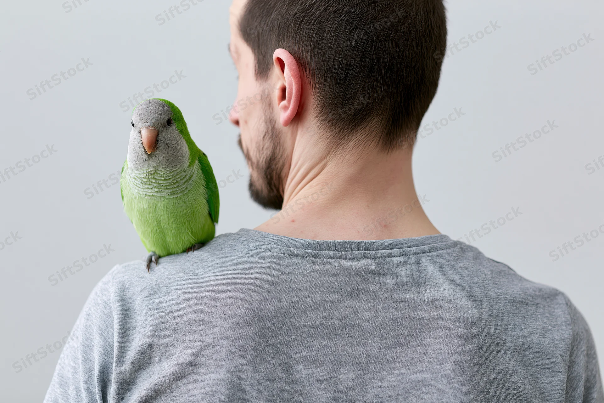 Green parakeet perched on shoulder of young man in studio setting