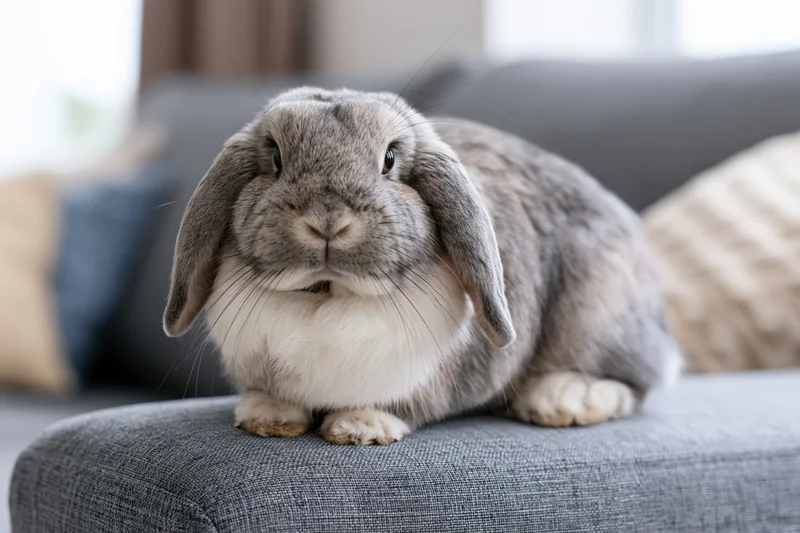 Grey and white lop-eared rabbit sitting alert on a couch armrest in a living room