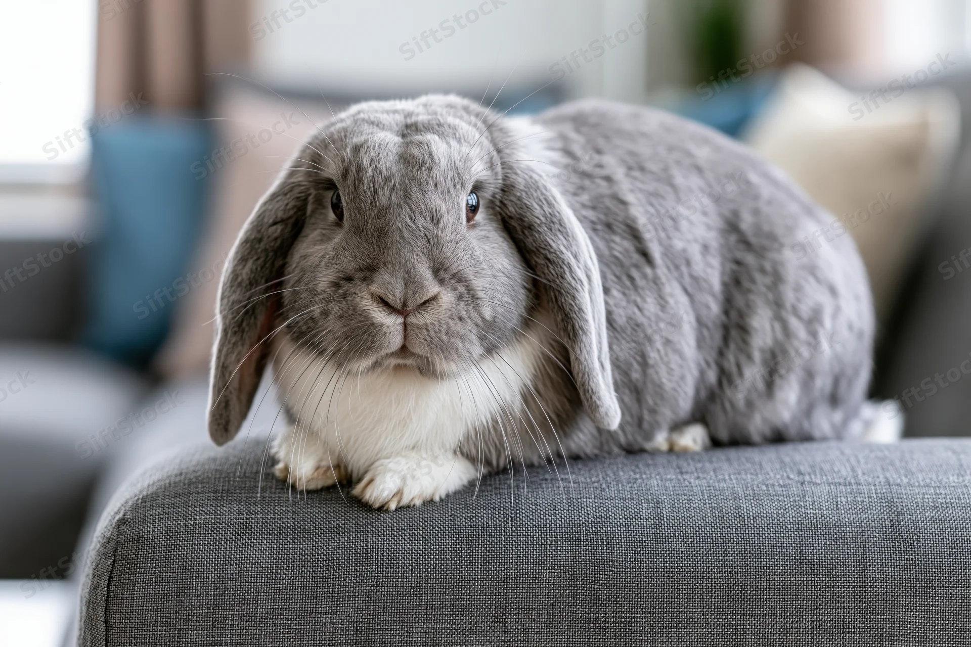 Grey and white lop-eared rabbit sitting alert on the arm of a couch in a living room