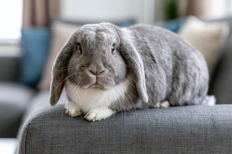 Grey and white lop-eared rabbit sitting alert on the arm of a couch in a living room