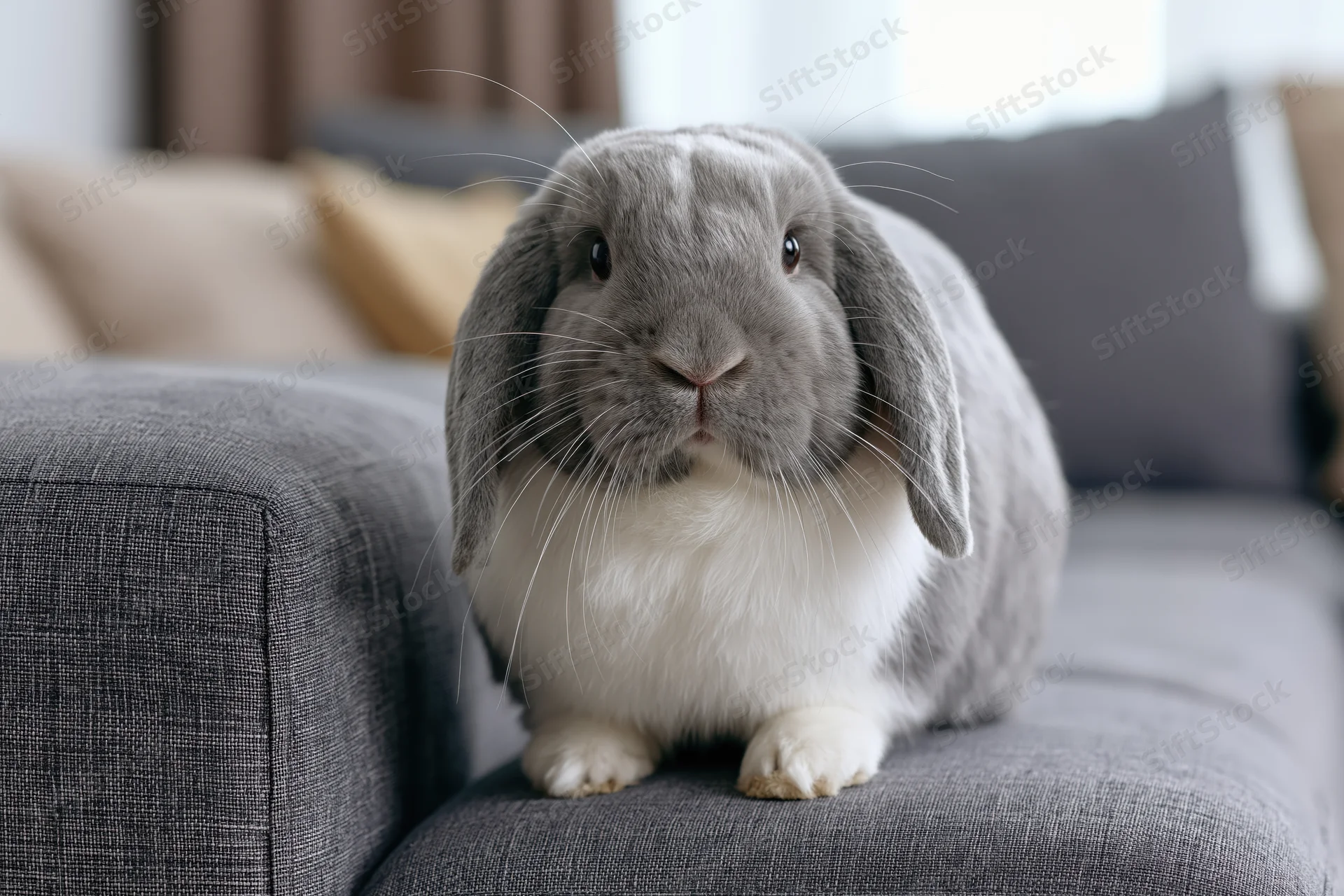 Grey and white lop-eared rabbit sitting alert on the arm of a sofa in a living room