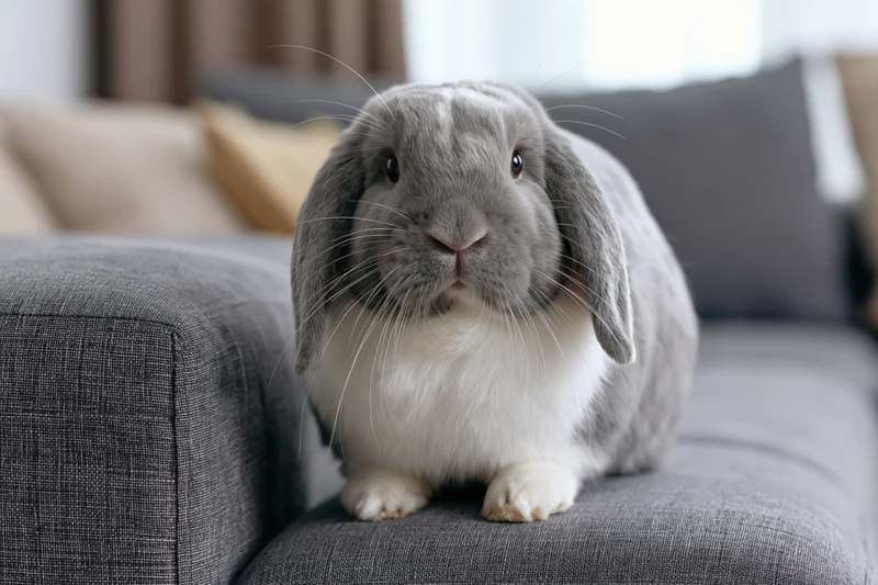 Grey and white lop-eared rabbit sitting alert on the arm of a sofa in a living room