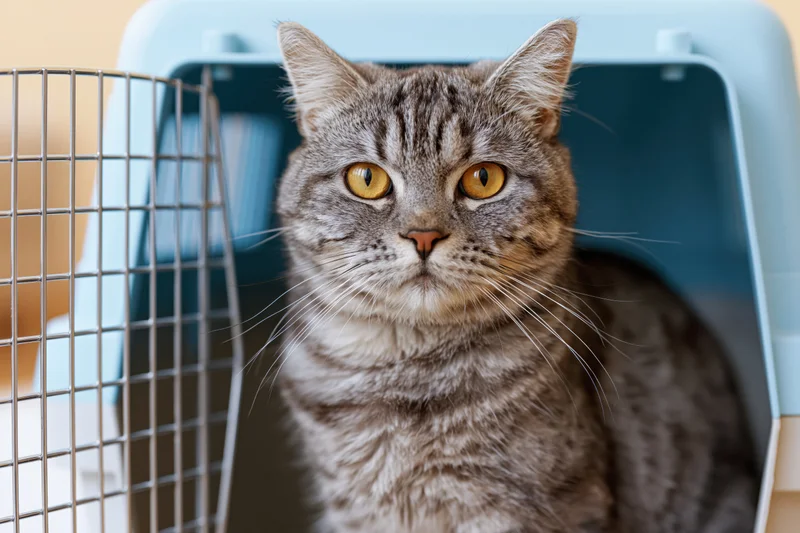 Grey tabby cat sitting inside a pet carrier with wire door, looking directly at camera