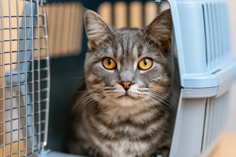 Grey tabby cat sitting inside a wire and plastic pet enclosure looking directly at camera