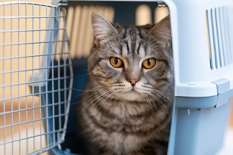 Grey tabby cat sitting inside open pet carrier looking directly at camera