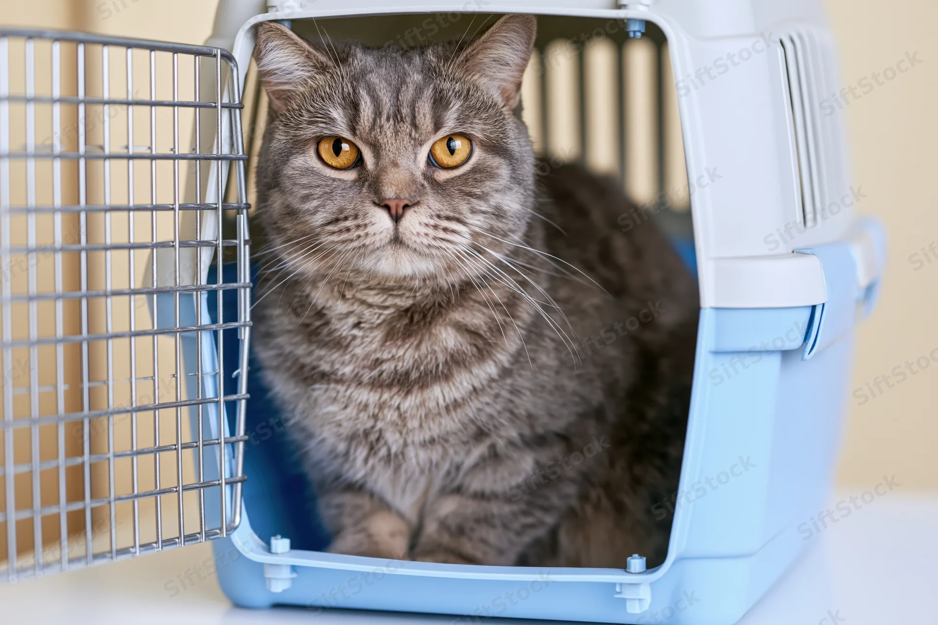 Grey tabby cat sitting alert inside open pet carrier on indoor surface