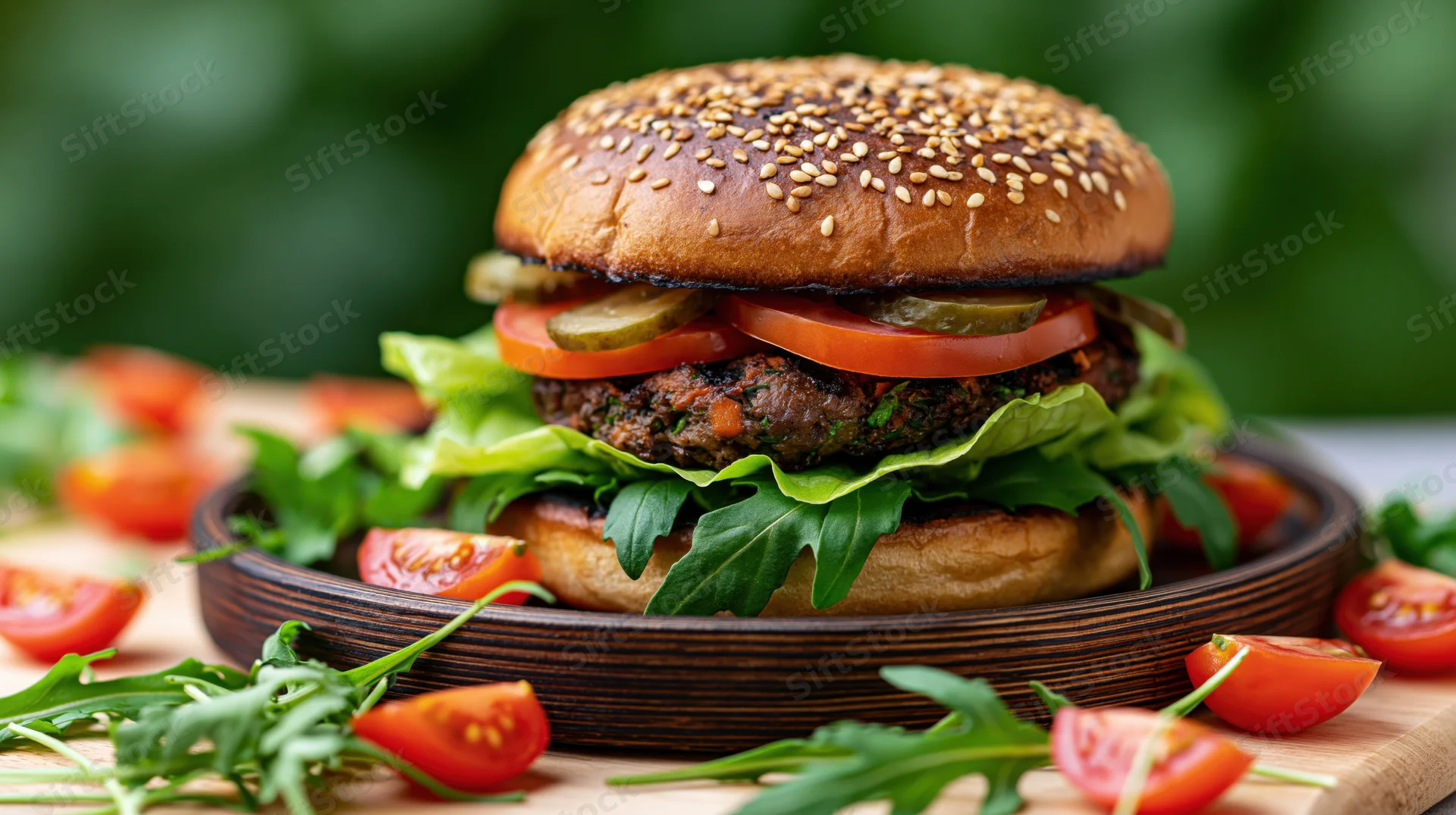 Grilled veggie burger with lettuce, tomato, and pickle on a wooden plate surrounded by fresh arugula and cherry tomatoes