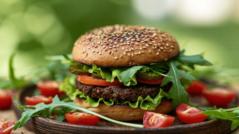 Grilled veggie burger with lettuce and tomato on a wooden plate surrounded by arugula and cherry tomato halves