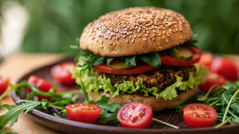 Grilled veggie burger with lettuce, tomato, and cucumber on a wooden plate surrounded by arugula and tomato halves