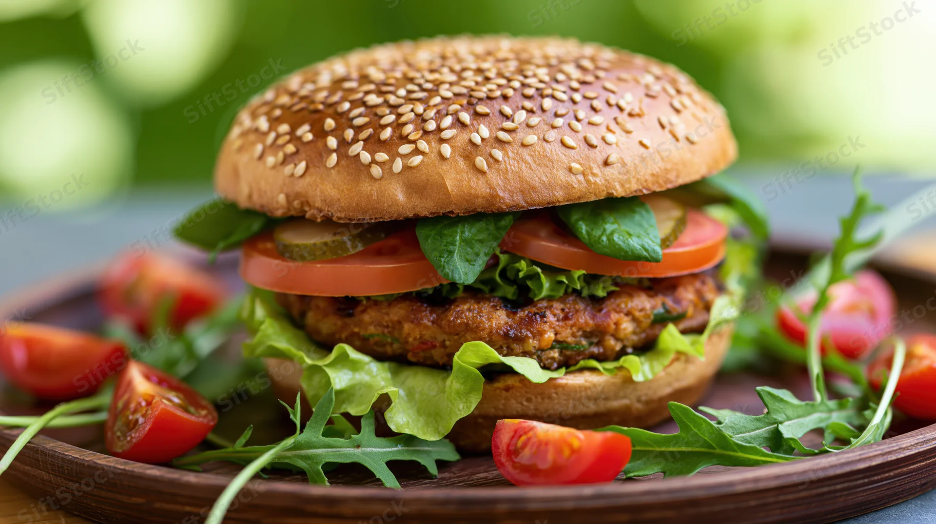 Grilled veggie burger with lettuce and tomato slices on a wooden plate surrounded by arugula and cherry tomatoes