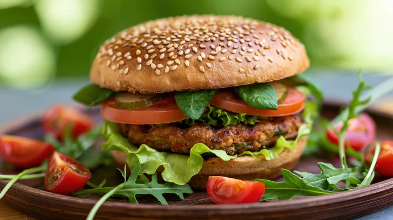 Grilled veggie burger with lettuce and tomato slices on a wooden plate surrounded by arugula and cherry tomatoes
