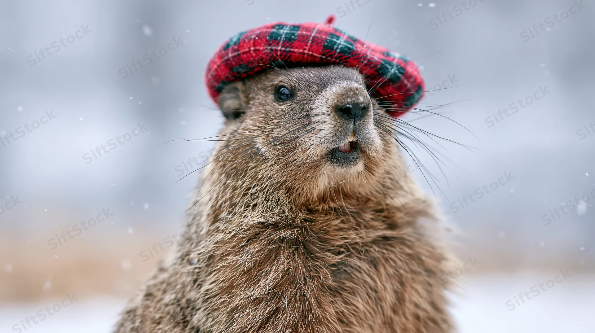 Groundhog wearing red and green plaid beret in snowy outdoor setting