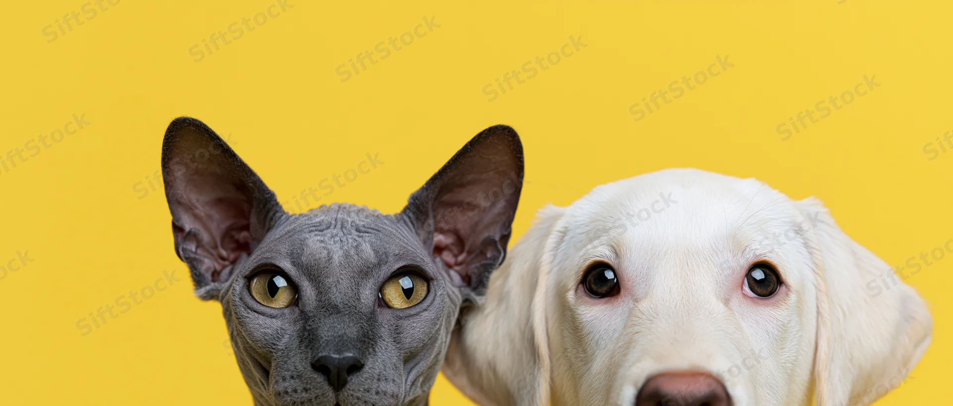 Hairless sphynx cat and white labrador puppy peeking up against yellow background
