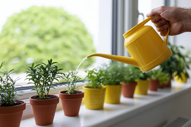 Hand watering potted herbs on a windowsill with a yellow plastic watering can