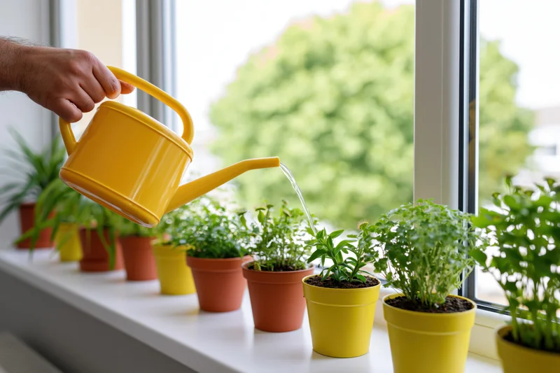Hand watering potted plants on a windowsill indoors