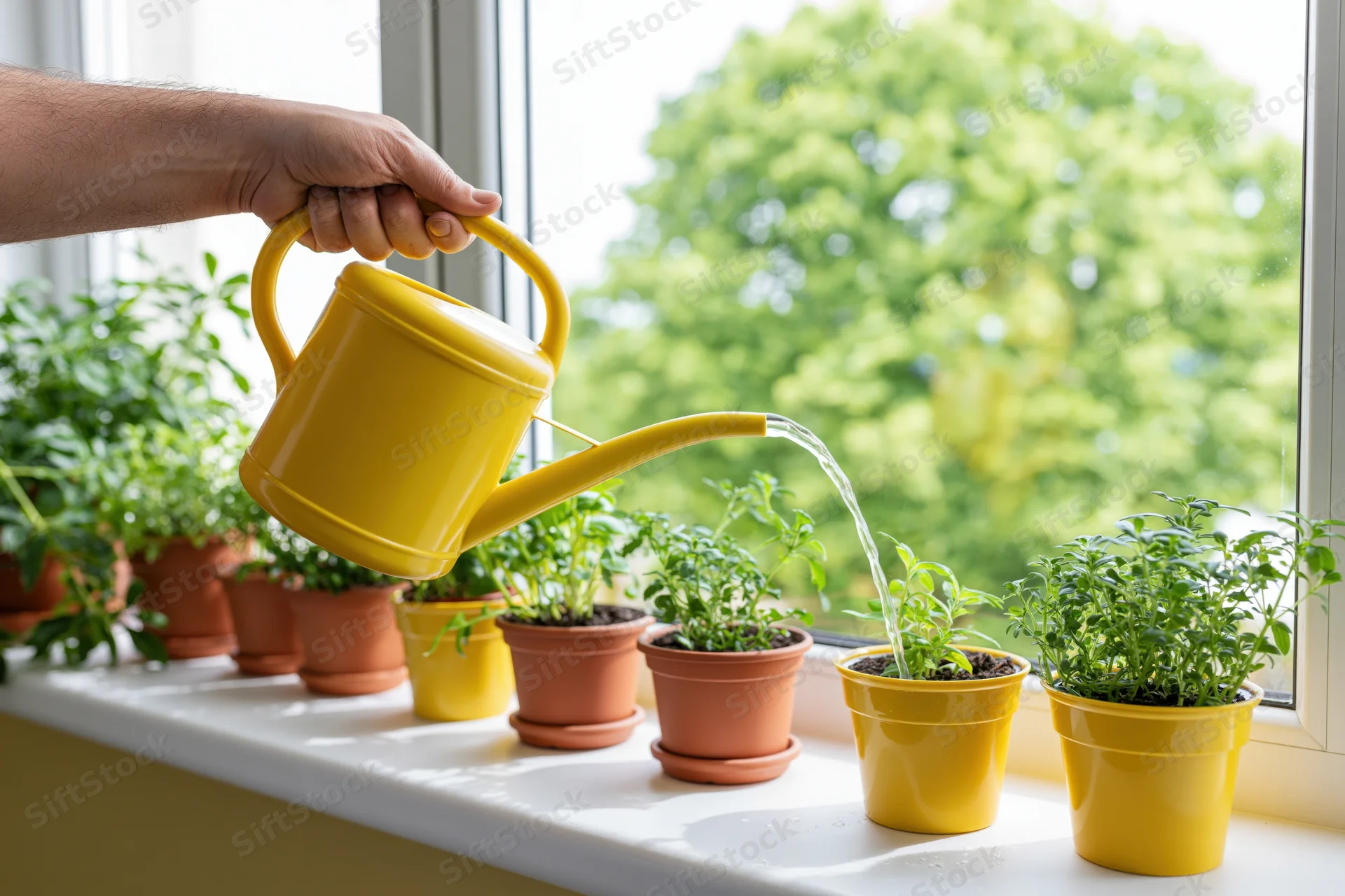 Hand watering potted herbs on a windowsill with a yellow can