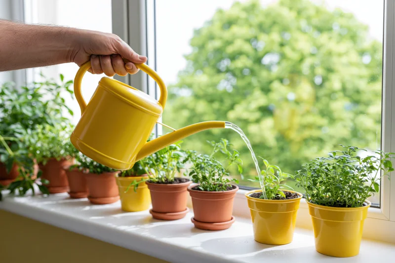 Hand watering potted herbs on a windowsill with a yellow can