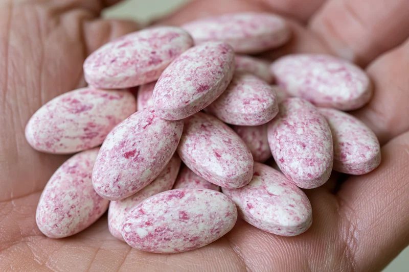 Pink speckled oval tablets piled in an open palm