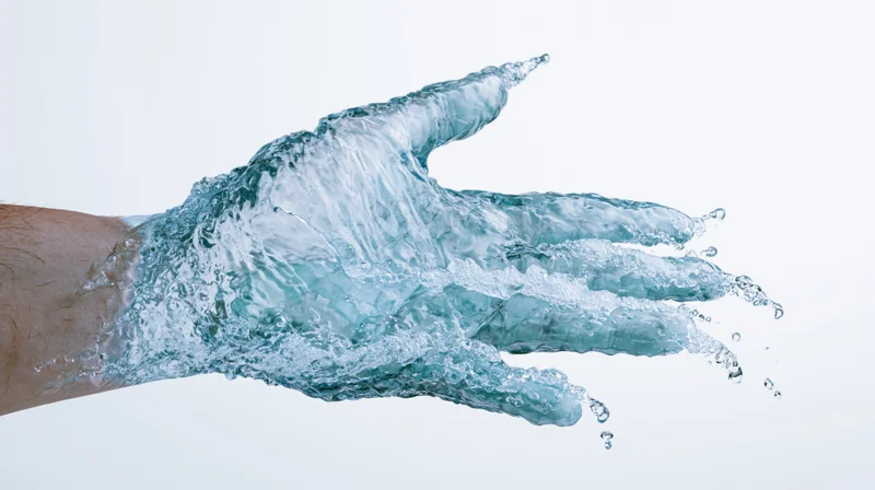 Water forming a human hand shape in motion against a white background