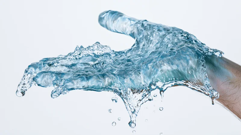 Hand shape formed from flowing water against white background