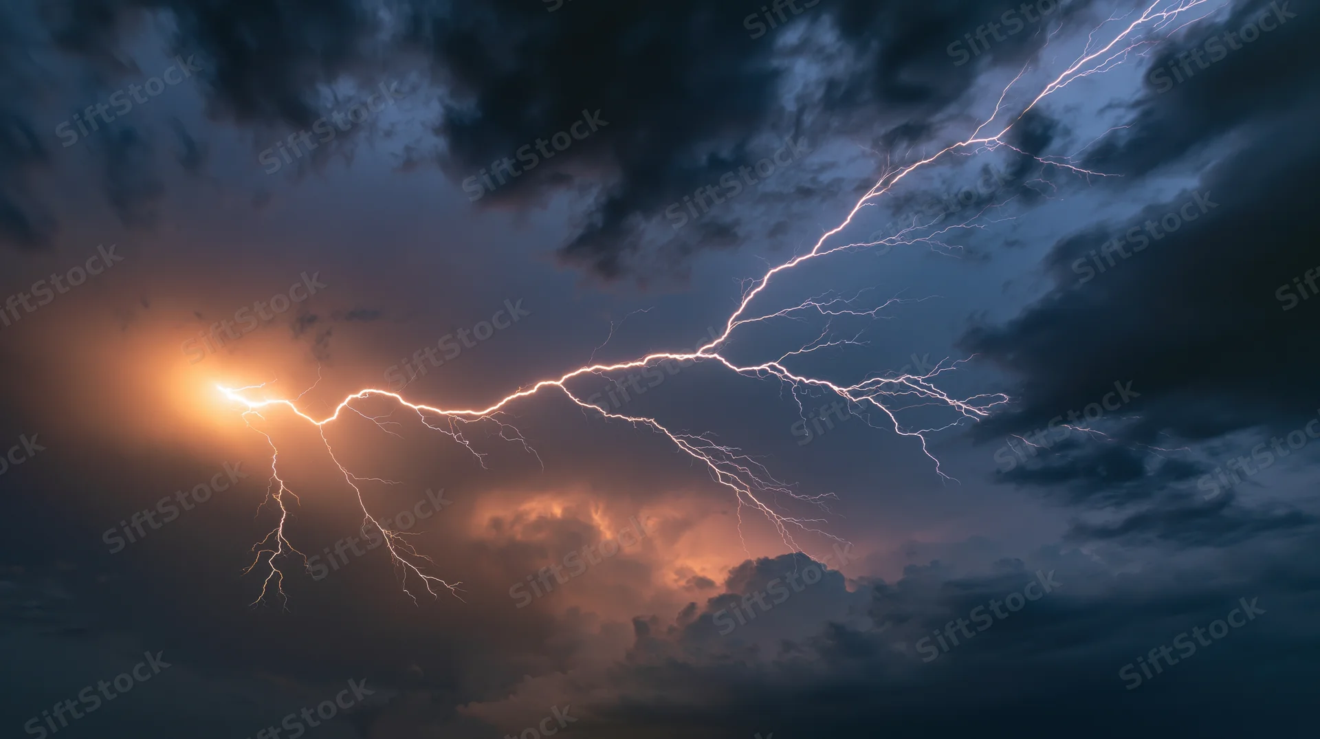 Jagged lightning bolt branching across stormy night sky