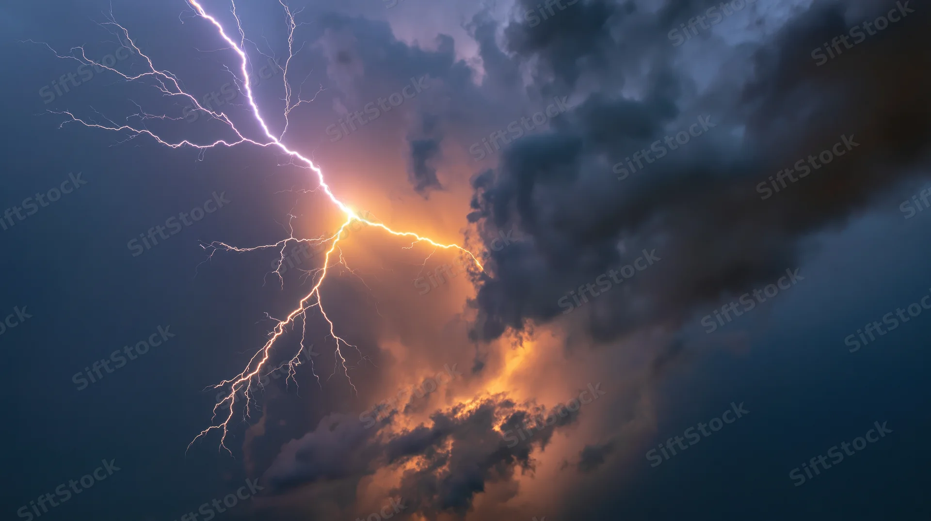 Jagged lightning bolt branching across stormy night sky with dark clouds and glowing edges