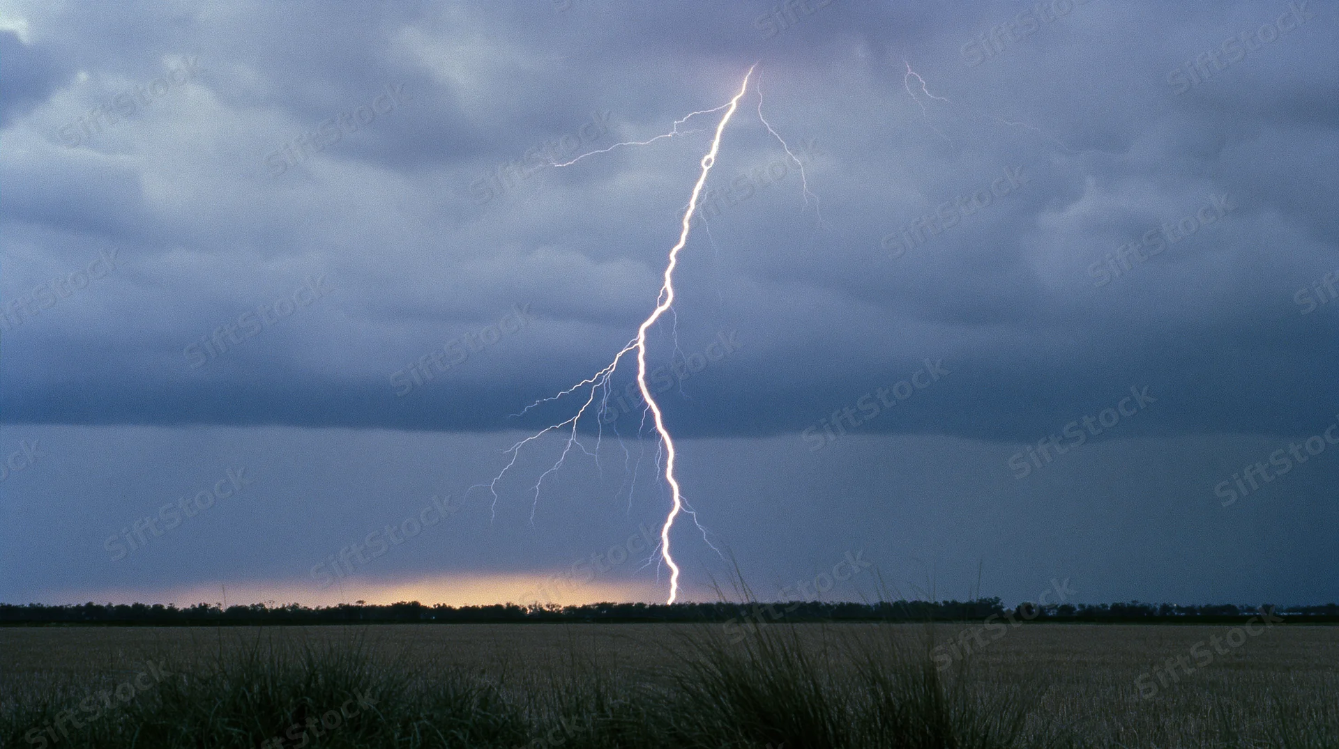 Jagged lightning bolt striking down to the treeline horizon over a grassy field at dusk