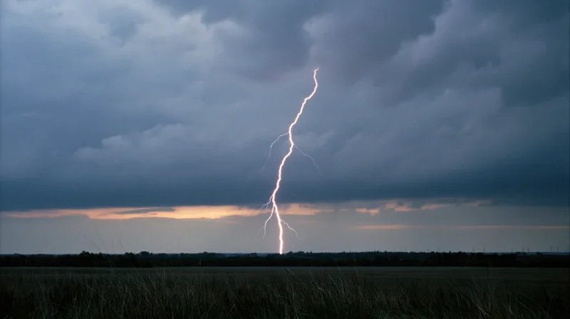 Jagged lightning bolt striking down to the treeline horizon over a grassy field at dusk