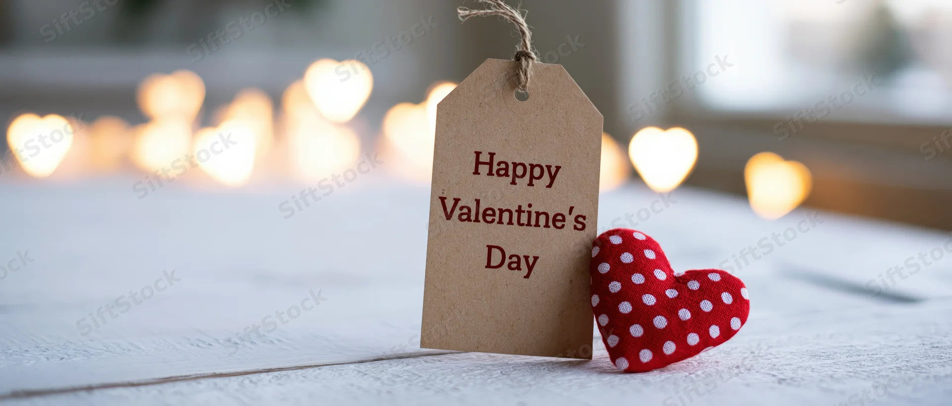 Kraft paper gift tag printed with happy valentines day leaning against a red polka-dotted fabric heart on a wooden surface with heart-shaped bokeh lights in the background