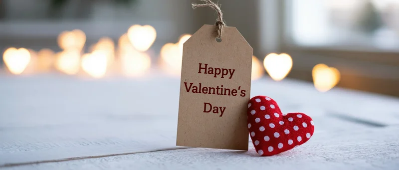 Kraft paper gift tag printed with happy valentines day leaning against a red polka-dotted fabric heart on a wooden surface with heart-shaped bokeh lights in the background