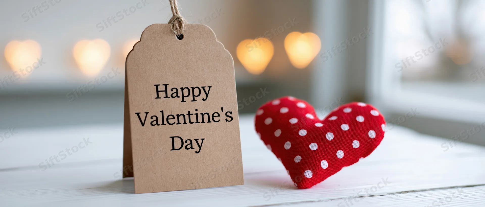 Kraft paper gift tag printed with happy valentines day next to a red polka dot fabric heart on a wooden surface