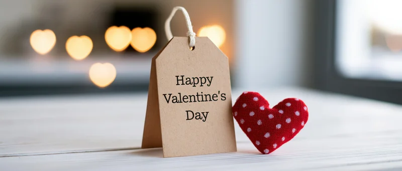 Kraft paper gift tag printed with happy valentines day standing on wooden surface beside red polka dot fabric heart with blurred heart-shaped lights in background