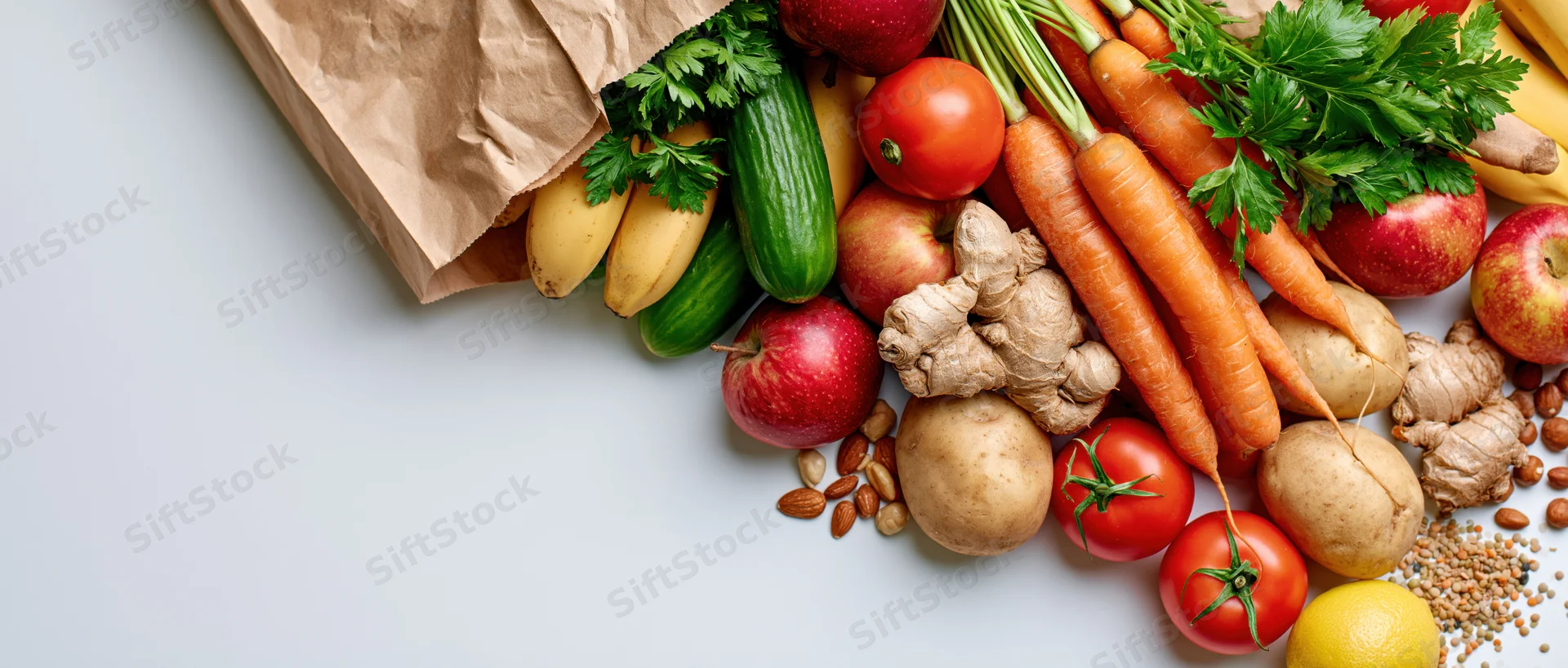 Kraft paper grocery bag tipped over spilling fresh vegetables and fruits onto white surface