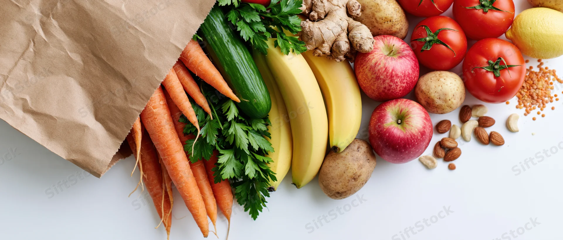 Kraft paper bag spilling fresh vegetables and fruits on white surface