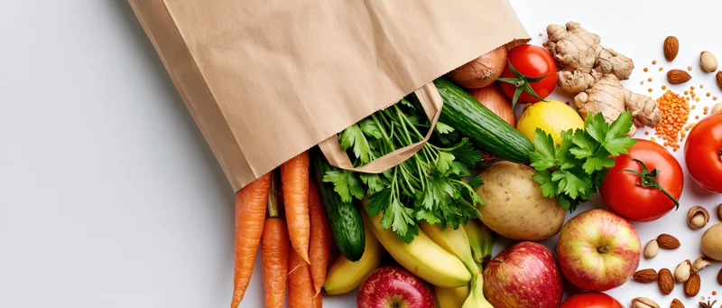 Kraft paper grocery bag tipped over spilling fresh vegetables and fruits on white surface