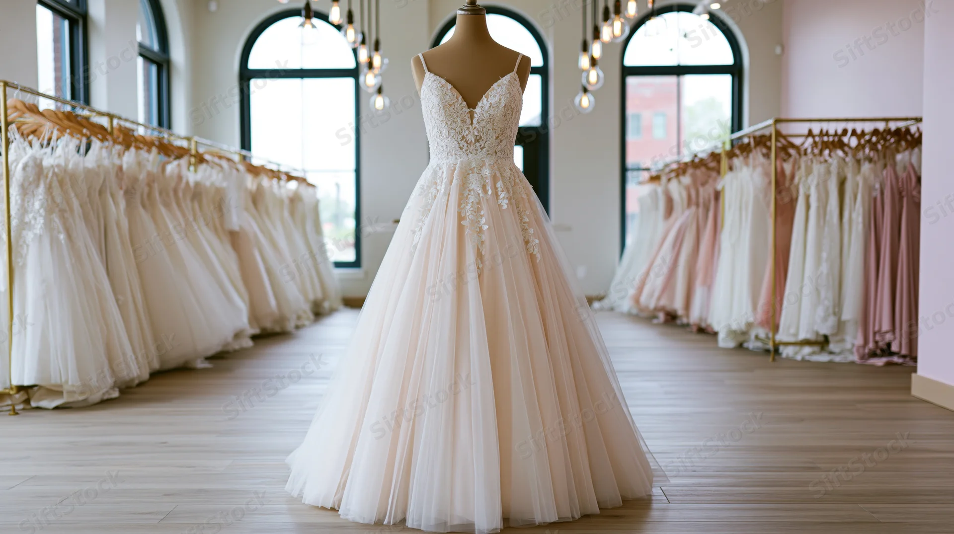 Lace and tulle a-line wedding gown on mannequin in bridal shop showroom