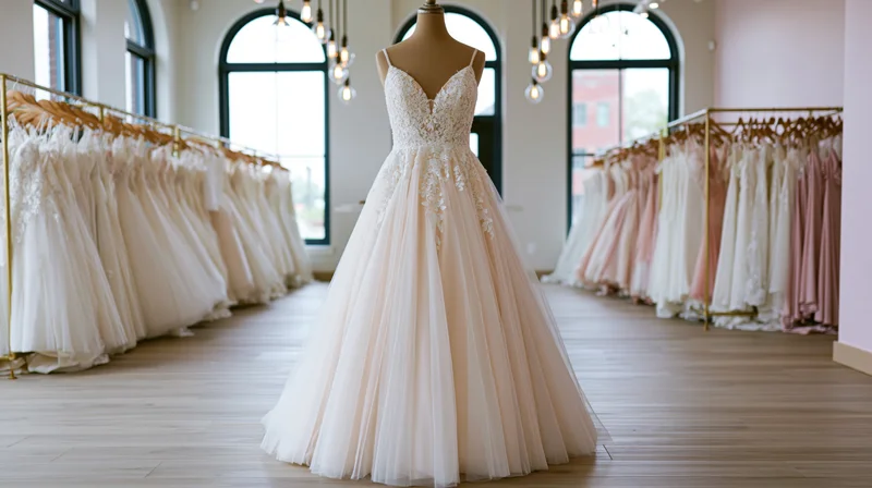 Lace and tulle a-line wedding gown on mannequin in bridal shop showroom