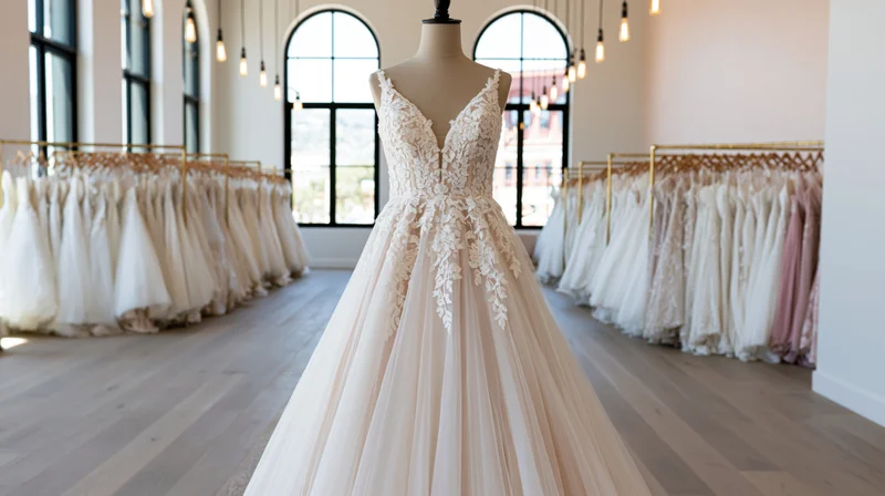 Lace and tulle a-line wedding gown on mannequin in bridal shop showroom