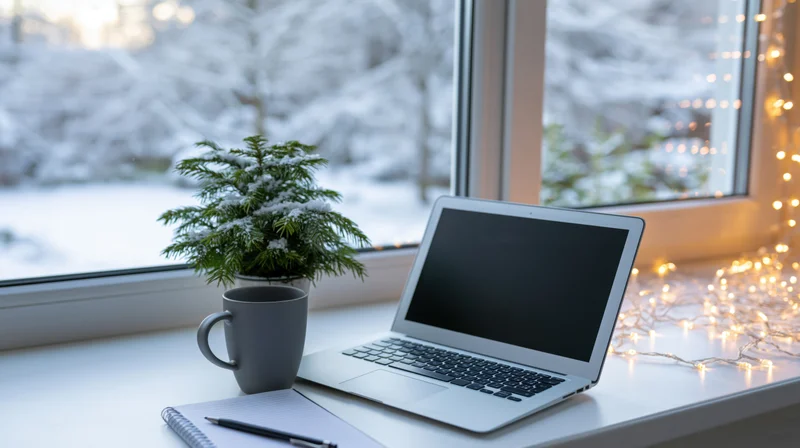 Laptop on a desk beside a window with snowy trees outside, next to a grey mug, small potted plant, notebook and string lights