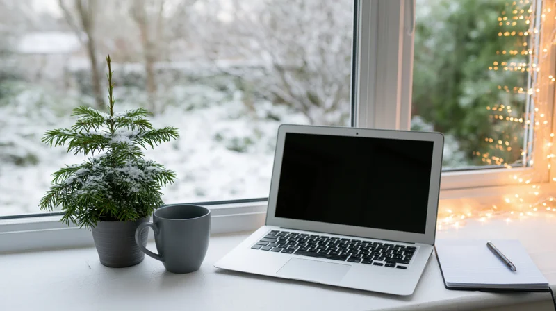 Laptop with dark screen, grey mug, small potted plant and notebook on windowsill beside snowy garden with string lights