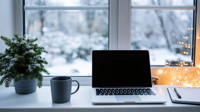 Laptop with dark screen and grey mug on desk by snowy window with evergreen plant and fairy lights